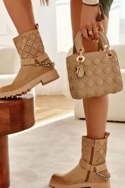 Discount Boto Ażurowe Wiosenne Botki Na Suwak Z Łańcuchem Beżowe Chantelle Beżowy