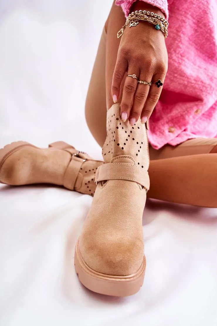 Discount Boto Ażurowe Wiosenne Botki Na Suwak Z Łańcuchem Beżowe Chantelle Beżowy