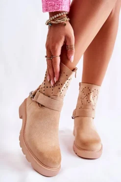 Discount Boto Ażurowe Wiosenne Botki Na Suwak Z Łańcuchem Beżowe Chantelle Beżowy