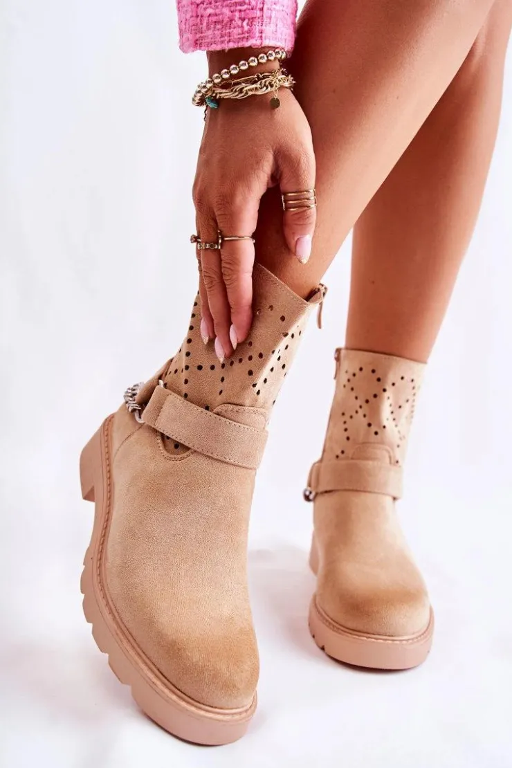Discount Boto Ażurowe Wiosenne Botki Na Suwak Z Łańcuchem Beżowe Chantelle Beżowy