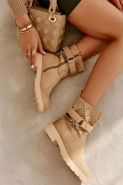 Discount Boto Ażurowe Wiosenne Botki Na Suwak Z Łańcuchem Beżowe Chantelle Beżowy