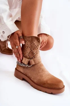 Clearance Boto Ażurowe Wiosenne Botki Na Suwak Z Łańcuchem Brązowe Chantelle
