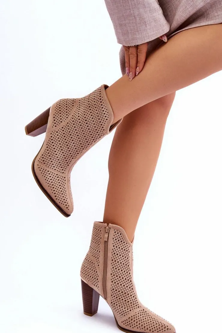 Boto Botki Wiosenne|Botki Na Słupku*Ażurowe Zamszowe Botki Na Słupku Beżowe Logan