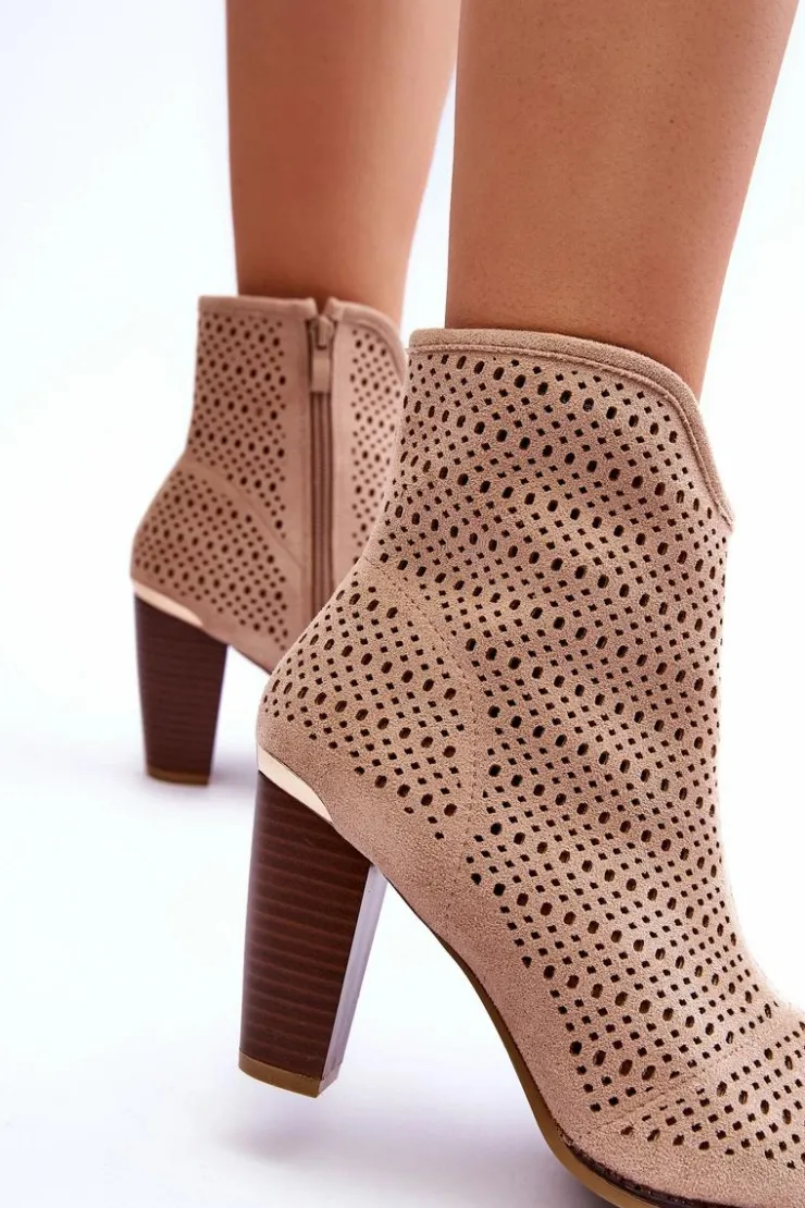 Boto Botki Wiosenne|Botki Na Słupku*Ażurowe Zamszowe Botki Na Słupku Beżowe Logan