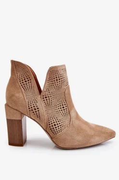 Damskie Boto Ażurowe Zamszowe Botki Na Obcasie Beżowe Leanna