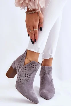Outlet Boto Ażurowe Zamszowe Botki Na Obcasie Szare Leanna
