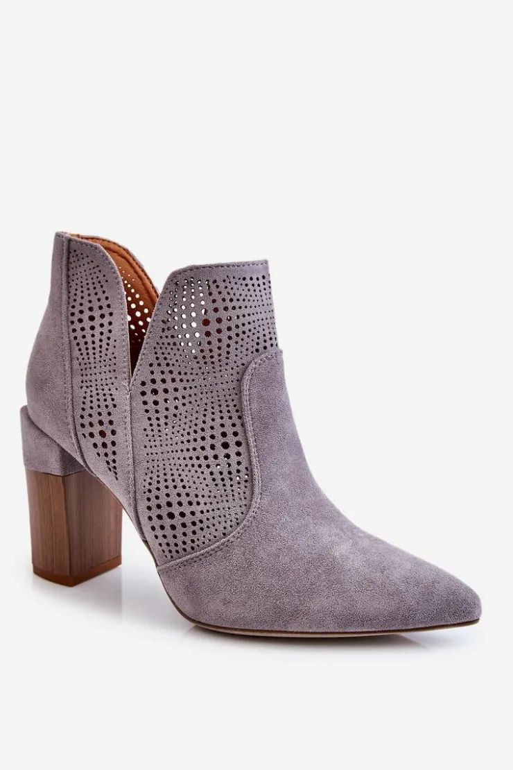 Outlet Boto Ażurowe Zamszowe Botki Na Obcasie Szare Leanna