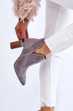 Outlet Boto Ażurowe Zamszowe Botki Na Obcasie Szare Leanna