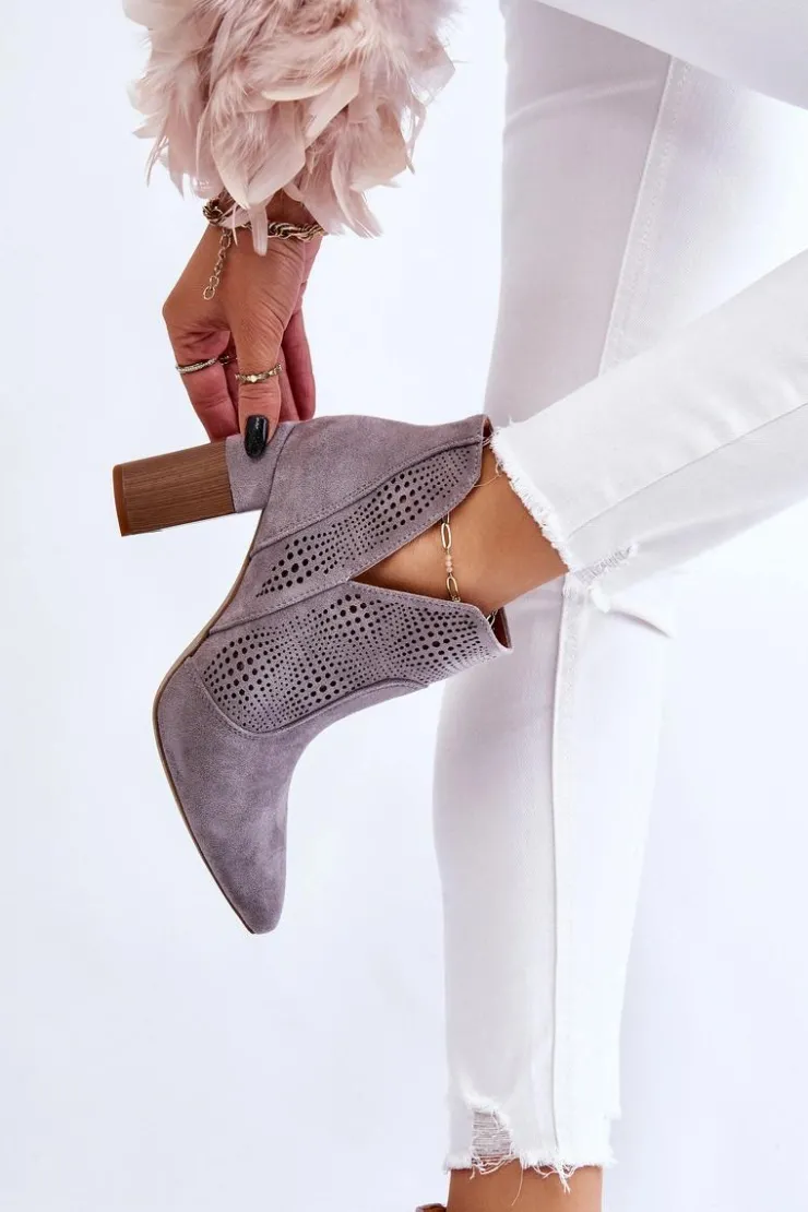 Outlet Boto Ażurowe Zamszowe Botki Na Obcasie Szare Leanna