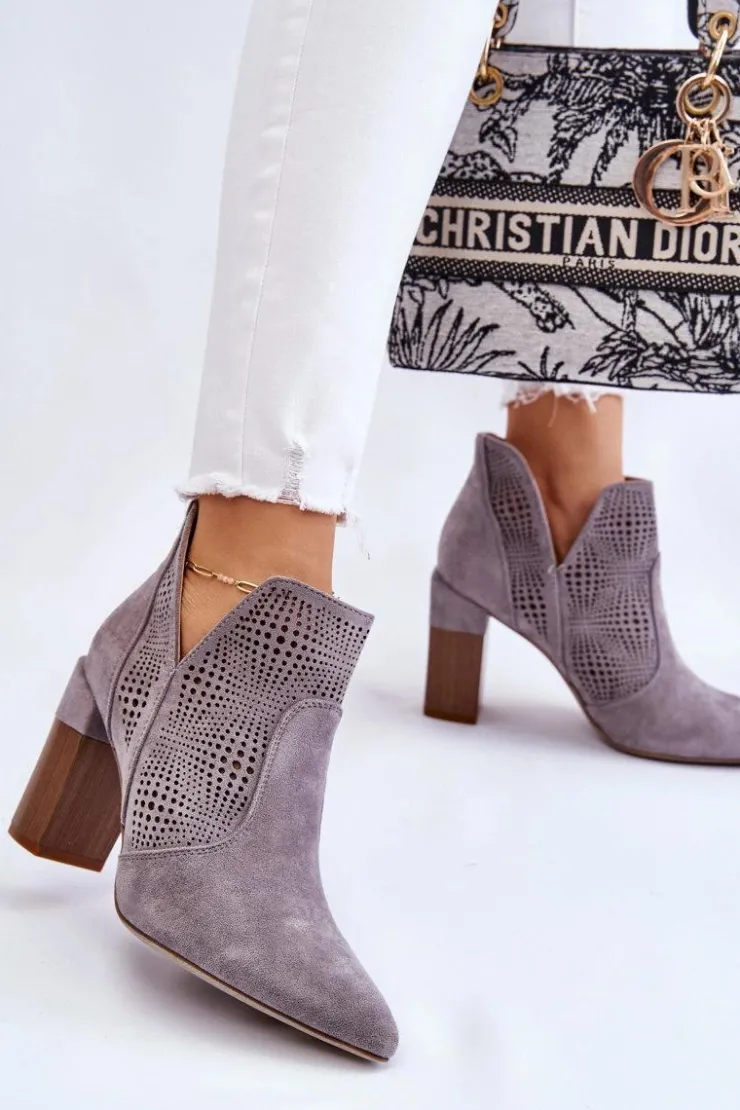 Outlet Boto Ażurowe Zamszowe Botki Na Obcasie Szare Leanna