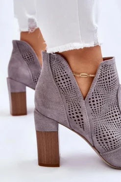 Outlet Boto Ażurowe Zamszowe Botki Na Obcasie Szare Leanna