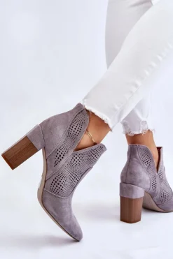 Outlet Boto Ażurowe Zamszowe Botki Na Obcasie Szare Leanna