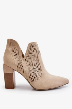 Damskie Boto Ażurowe Zamszowe Botki Na Obcasie Jasnobeżowe Leanna