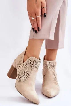 Damskie Boto Ażurowe Zamszowe Botki Na Obcasie Jasnobeżowe Leanna