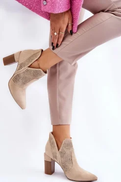 Damskie Boto Ażurowe Zamszowe Botki Na Obcasie Jasnobeżowe Leanna