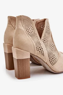 Damskie Boto Ażurowe Zamszowe Botki Na Obcasie Jasnobeżowe Leanna
