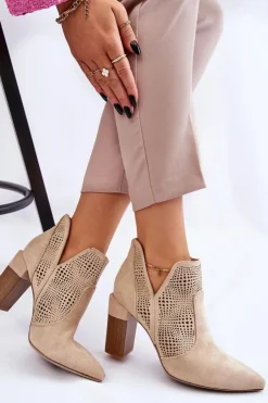 Damskie Boto Ażurowe Zamszowe Botki Na Obcasie Jasnobeżowe Leanna