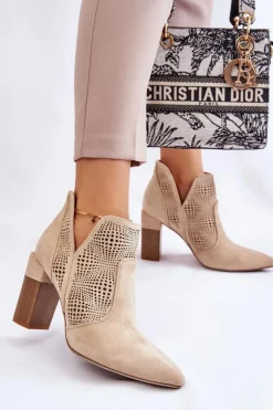 Damskie Boto Ażurowe Zamszowe Botki Na Obcasie Jasnobeżowe Leanna