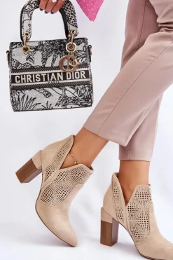 Damskie Boto Ażurowe Zamszowe Botki Na Obcasie Jasnobeżowe Leanna