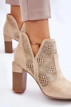 Damskie Boto Ażurowe Zamszowe Botki Na Obcasie Jasnobeżowe Leanna