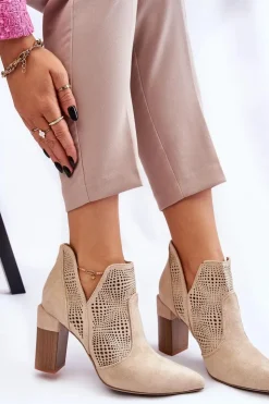 Damskie Boto Ażurowe Zamszowe Botki Na Obcasie Jasnobeżowe Leanna