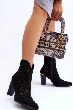 Sale Boto Ażurowe Zamszowe Botki Na Słupku Czarne Logan