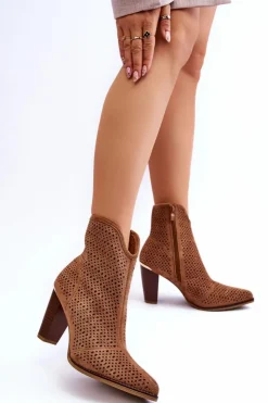 Damskie Boto Ażurowe Zamszowe Botki Na Słupku Brązowe Logan