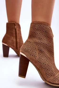 Damskie Boto Ażurowe Zamszowe Botki Na Słupku Brązowe Logan