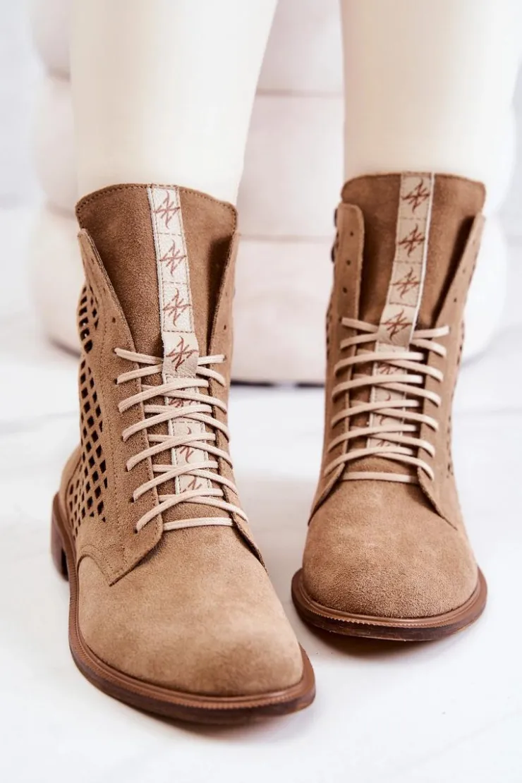 Boto Botki Wiosenne|Botki Sznurowane*Ażurowe Zamszowe Botki Wiązane Nicole Camel 2696