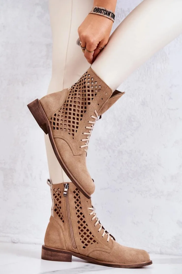Boto Botki Wiosenne|Botki Sznurowane*Ażurowe Zamszowe Botki Wiązane Nicole Camel 2696