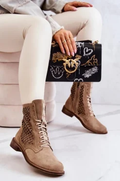 Hot Boto Ażurowe Zamszowe Botki Wiązane Nicole Beżowe 2696