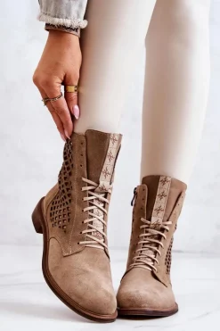 Hot Boto Ażurowe Zamszowe Botki Wiązane Nicole Beżowe 2696