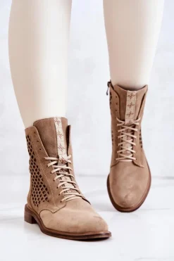 Hot Boto Ażurowe Zamszowe Botki Wiązane Nicole Beżowe 2696