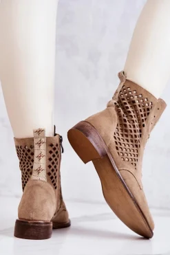 Hot Boto Ażurowe Zamszowe Botki Wiązane Nicole Beżowe 2696
