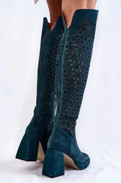 Boto Kozaki Wiosenne|Kozaki Ażurowe*Ażurowe Zamszowe Kozaki Na Obcasie Zielone Castres