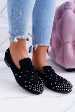 Online Boto Balerinki Damskie Lu Boo Czarne Zamszowe Lordsy z Ćwiekami Odessa
