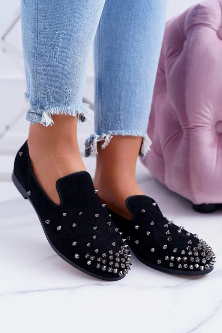 Online Boto Balerinki Damskie Lu Boo Czarne Zamszowe Lordsy z Ćwiekami Odessa