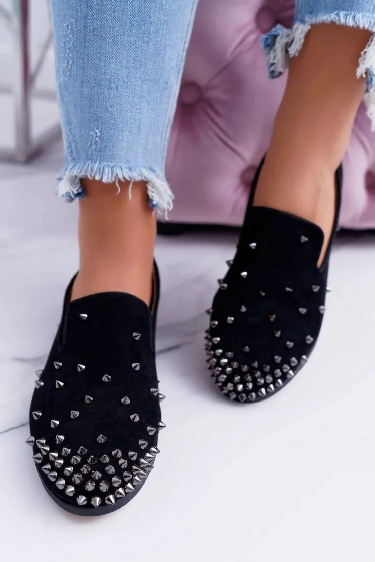 Online Boto Balerinki Damskie Lu Boo Czarne Zamszowe Lordsy z Ćwiekami Odessa