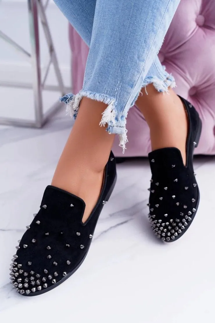 Online Boto Balerinki Damskie Lu Boo Czarne Zamszowe Lordsy z Ćwiekami Odessa