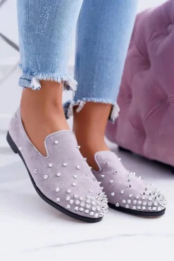 Damskie Boto Balerinki Damskie Lu Boo Szare Zamszowe Lordsy z Ćwiekami Odessa