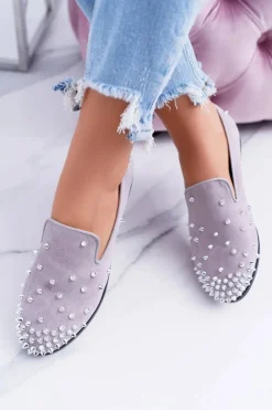 Damskie Boto Balerinki Damskie Lu Boo Szare Zamszowe Lordsy z Ćwiekami Odessa