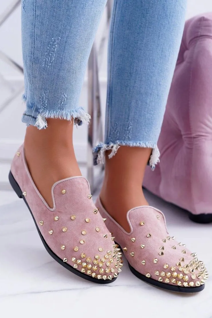 Boto Baleriny Klasyczne*Balerinki Damskie Lu Boo Różowe Zamszowe Lordsy z Ćwiekami Odessa