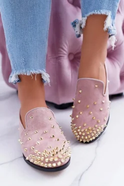 Boto Baleriny Klasyczne*Balerinki Damskie Lu Boo Różowe Zamszowe Lordsy z Ćwiekami Odessa