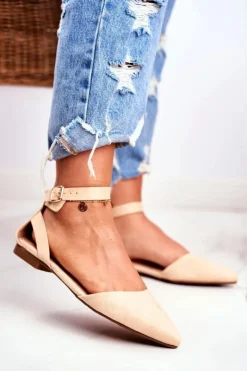 Outlet Boto Baleriny Damskie Beżowe Na Pasek W Szpic Allison