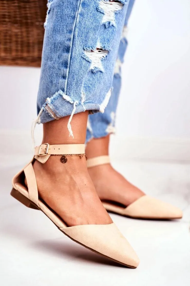 Outlet Boto Baleriny Damskie Beżowe Na Pasek W Szpic Allison