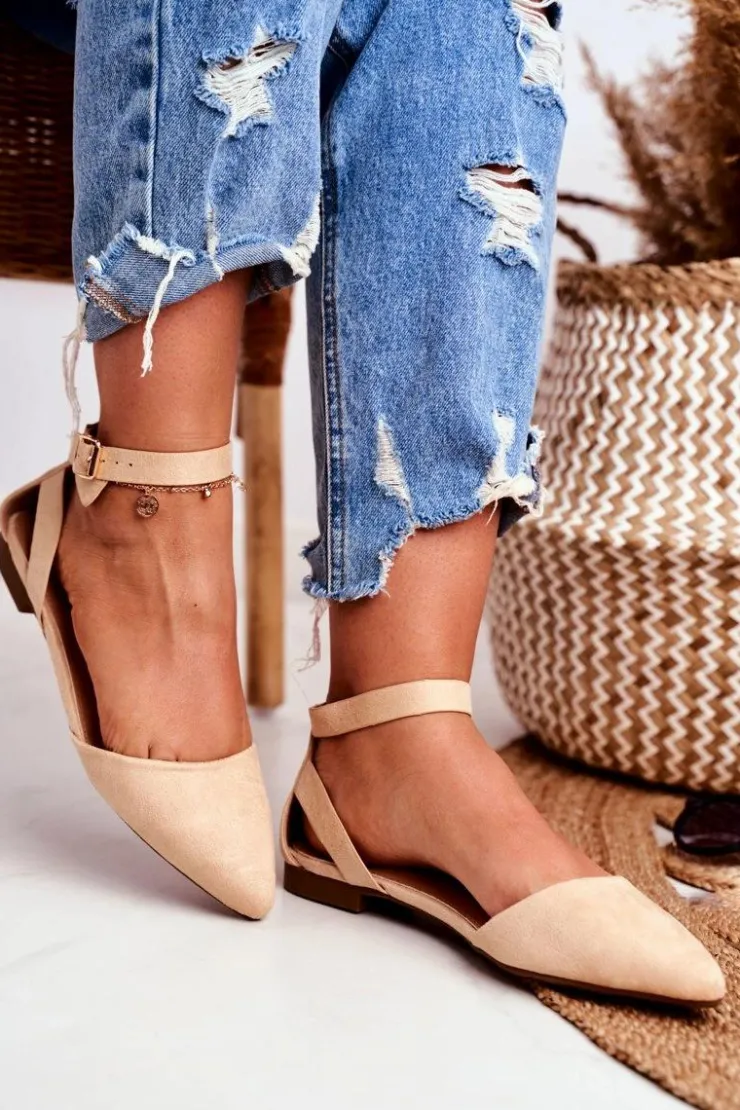 Outlet Boto Baleriny Damskie Beżowe Na Pasek W Szpic Allison