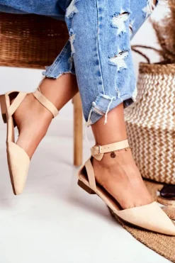 Outlet Boto Baleriny Damskie Beżowe Na Pasek W Szpic Allison