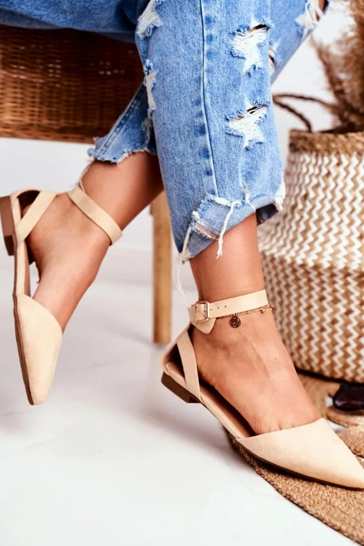 Outlet Boto Baleriny Damskie Beżowe Na Pasek W Szpic Allison