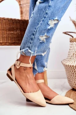 Outlet Boto Baleriny Damskie Beżowe Na Pasek W Szpic Allison