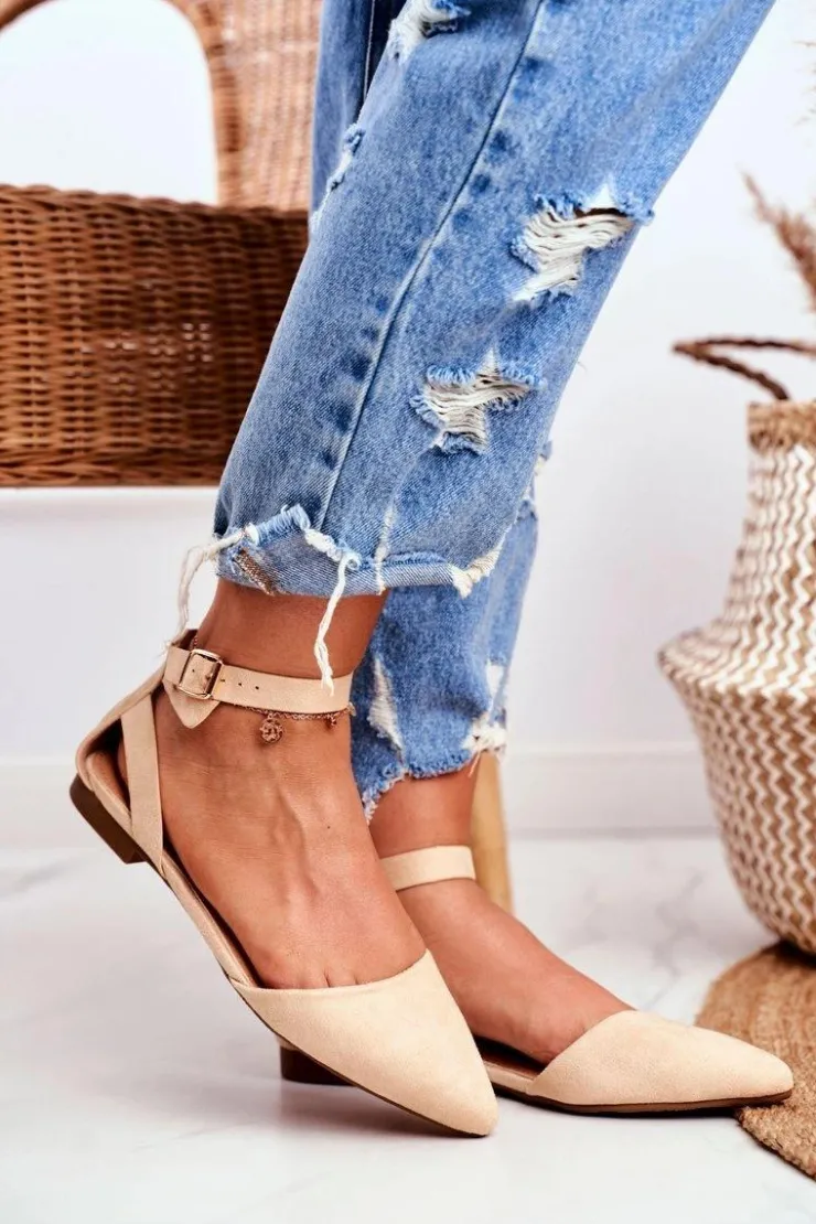 Outlet Boto Baleriny Damskie Beżowe Na Pasek W Szpic Allison